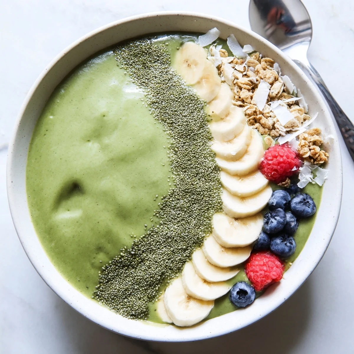 Vibrant Green Smoothie Bowl with Spirulina, Banana & Hemp Seeds served chilled