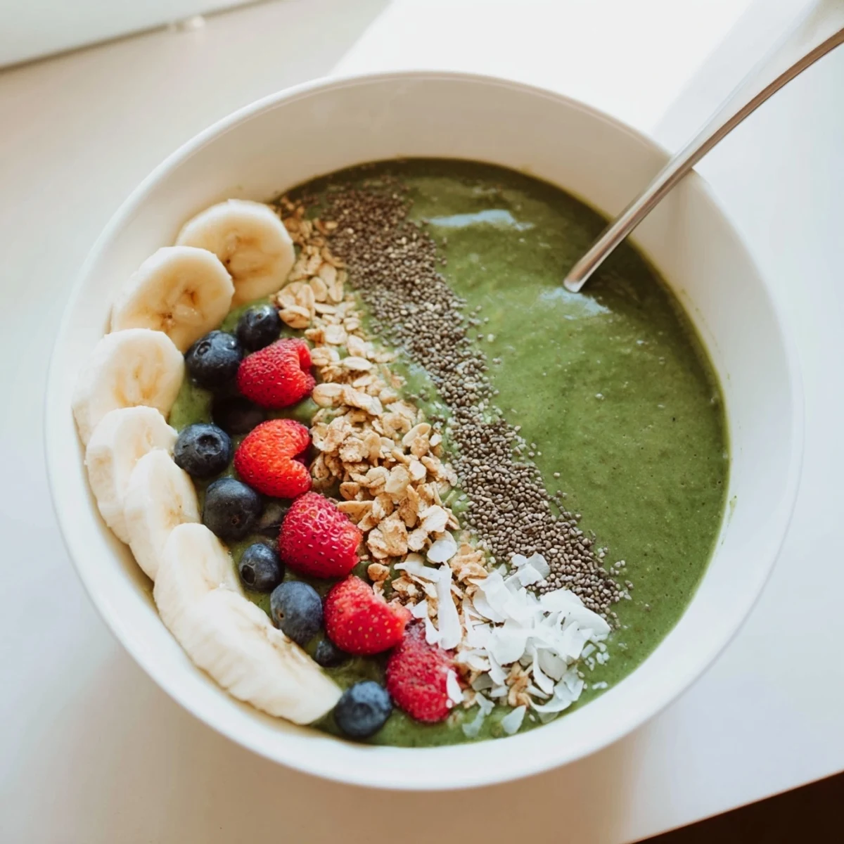 Green Smoothie Bowl with Spirulina, Banana & Hemp Seeds garnished with crunchy granola