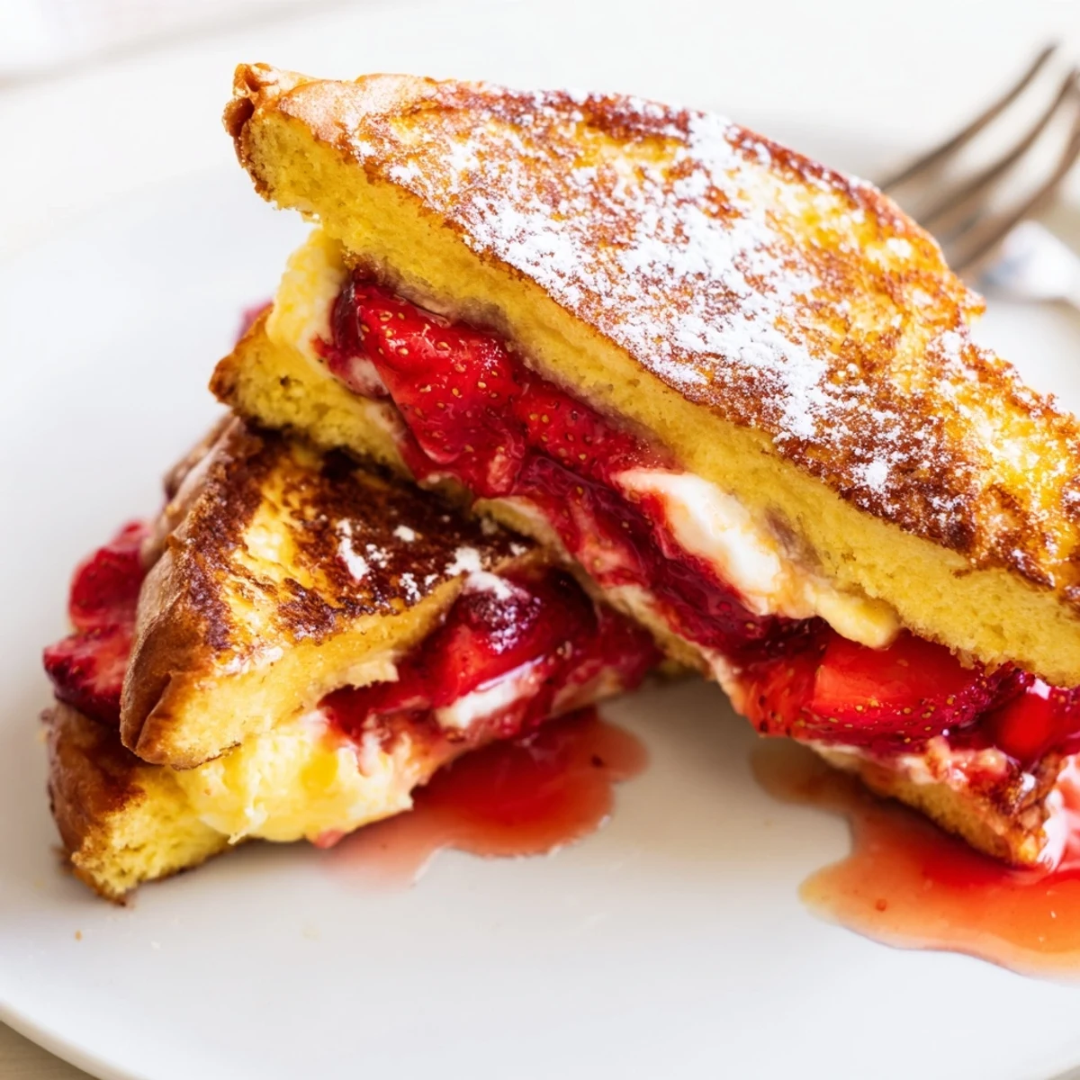 Cream Cheese Stuffed French Toast With Strawberry Drizzle, warm golden slices, buttery aroma