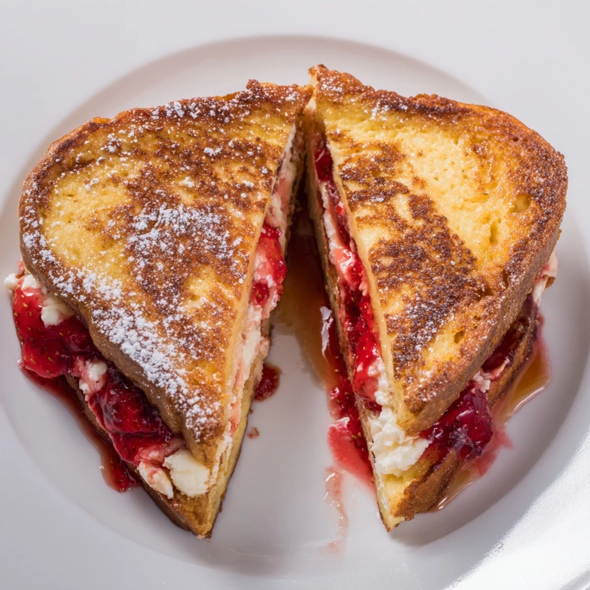 Warm plate of Cream Cheese Stuffed French Toast With Strawberry Drizzle, syrupy strawberries