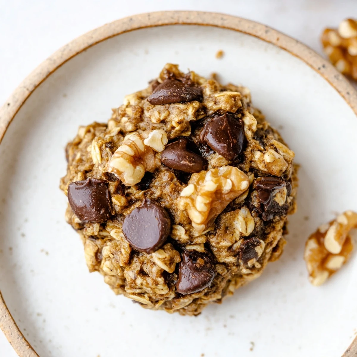 Plate of Banana Oat Cookies with melted chocolate chips, rustic breakfast snack.  