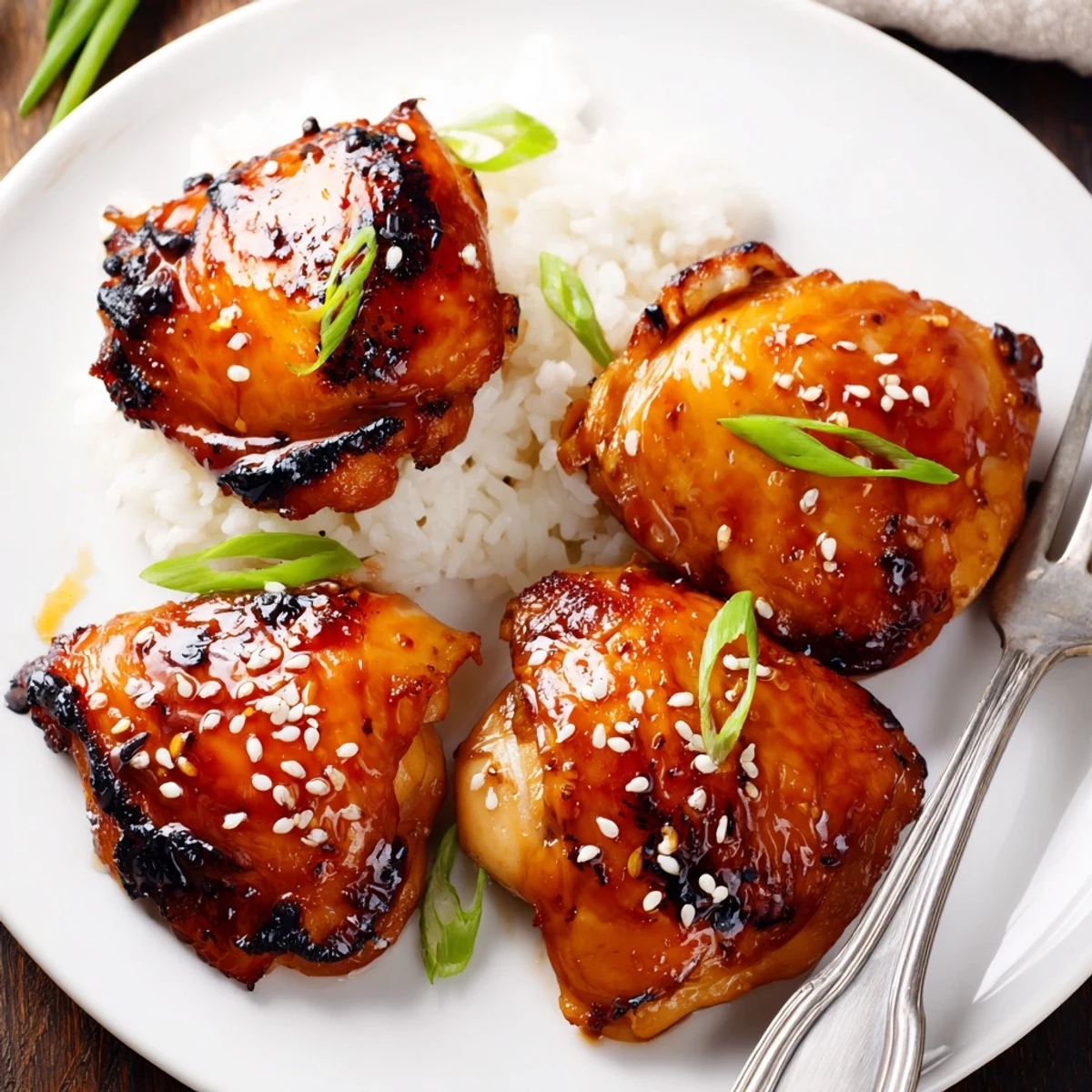 Honey Soy Chicken glazed, golden-brown thighs on steamed rice, sesame garnish