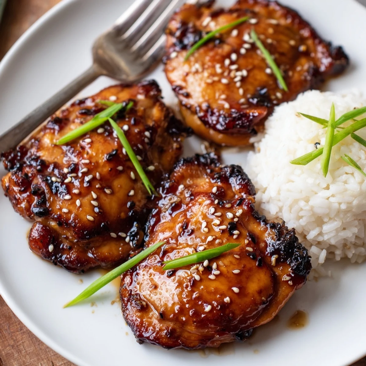 Baked Honey Soy Chicken resting, glossy sauce, scallions and steamed broccoli