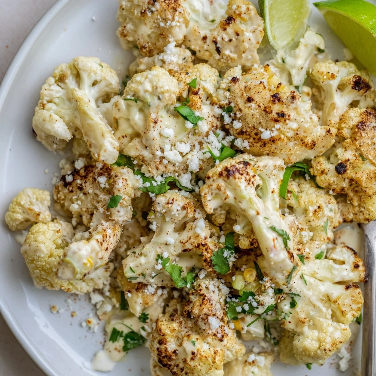 Roasted Cauliflower Elote with charred florets, tangy sauce, bright cilantro
