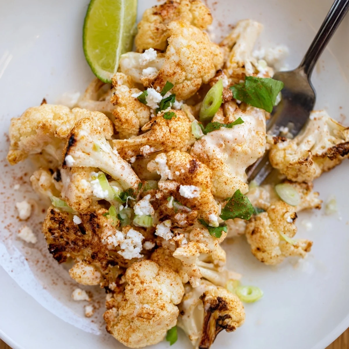Cauliflower Elote piled on platter, creamy lime dressing, cotija and chili powder
