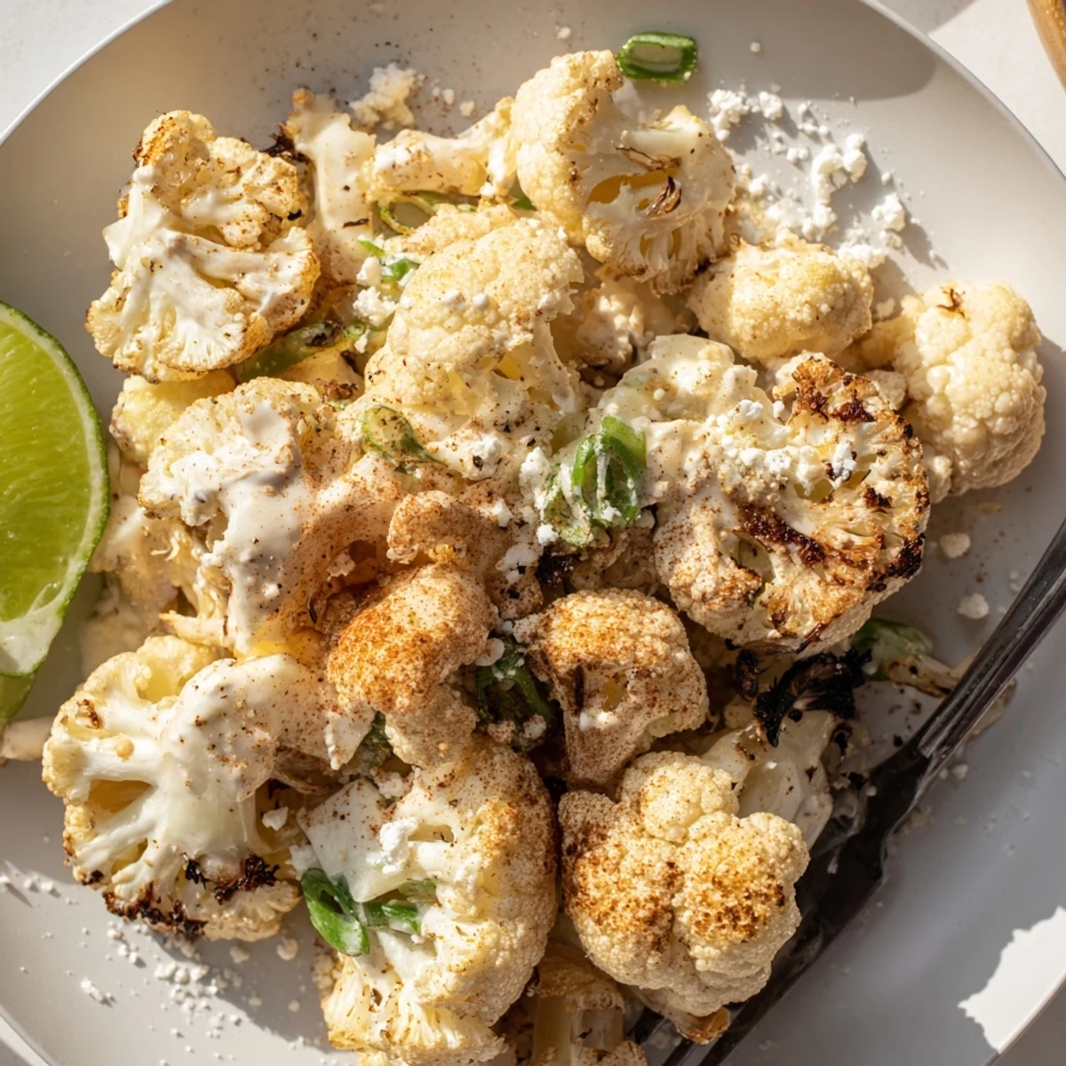 Family-style Cauliflower Elote served warm with lime wedges and scallions