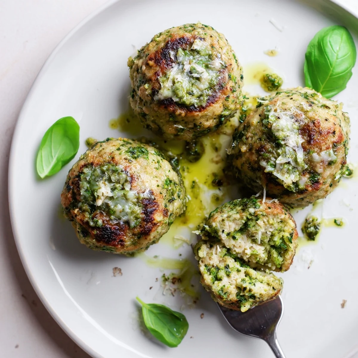 Pesto Baked Turkey Meatballs resting on parchment, glossy green sauce and basil garnish