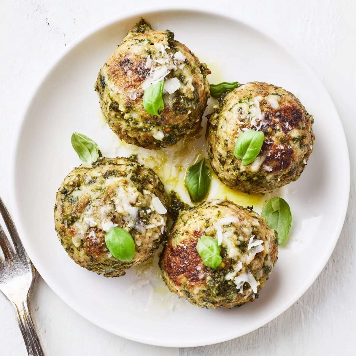 Warm Pesto Baked Turkey Meatballs with golden crust, served over zucchini noodles