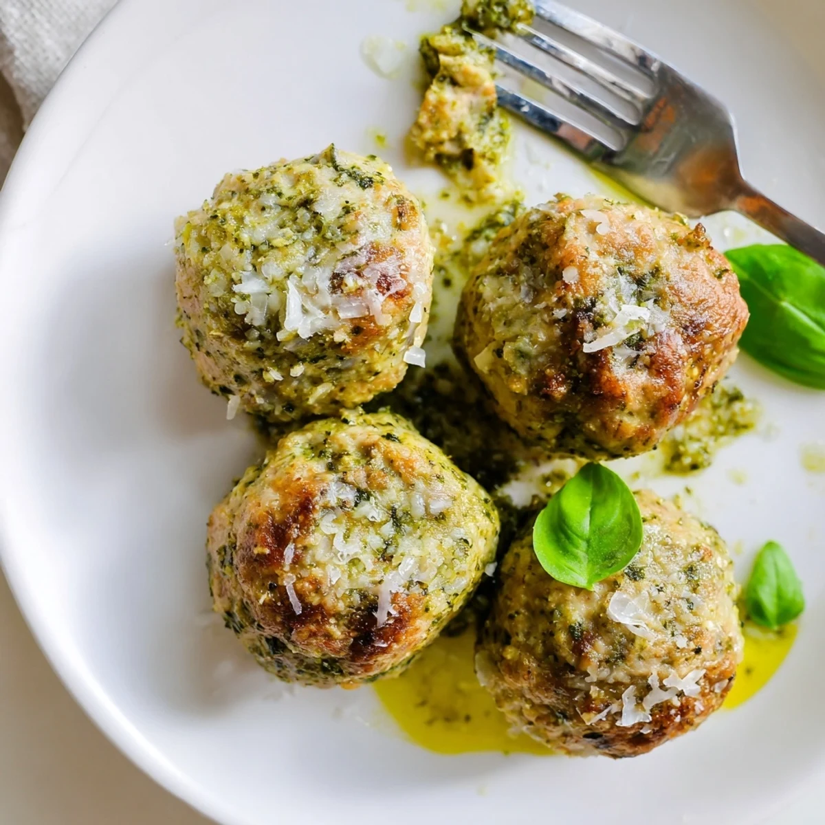 Oven-browned Pesto Baked Turkey Meatballs, aromatic garlic and Parmesan melting