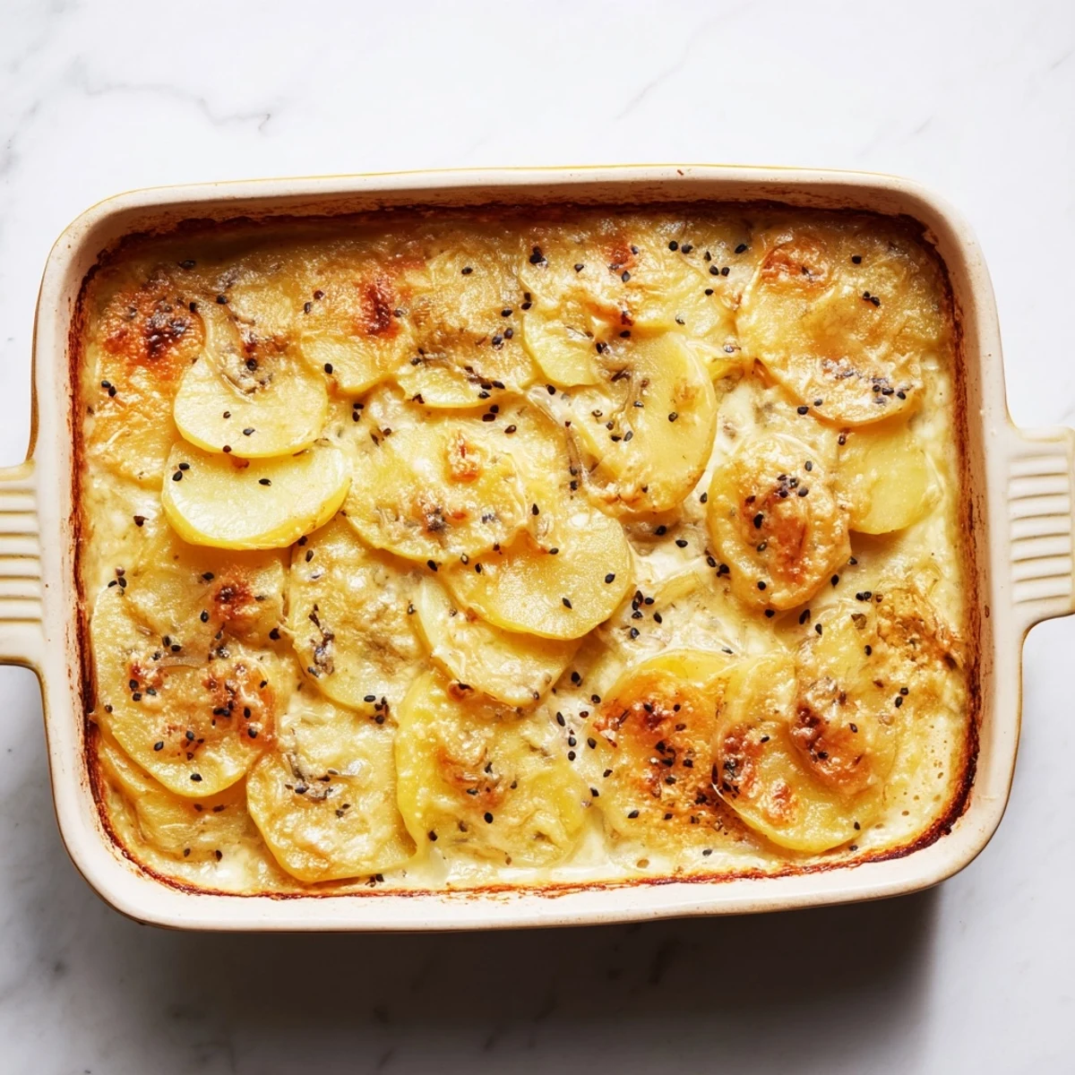 Golden Nigella potato gratin bubbling with melted Gruyère and aromatic nigella seeds