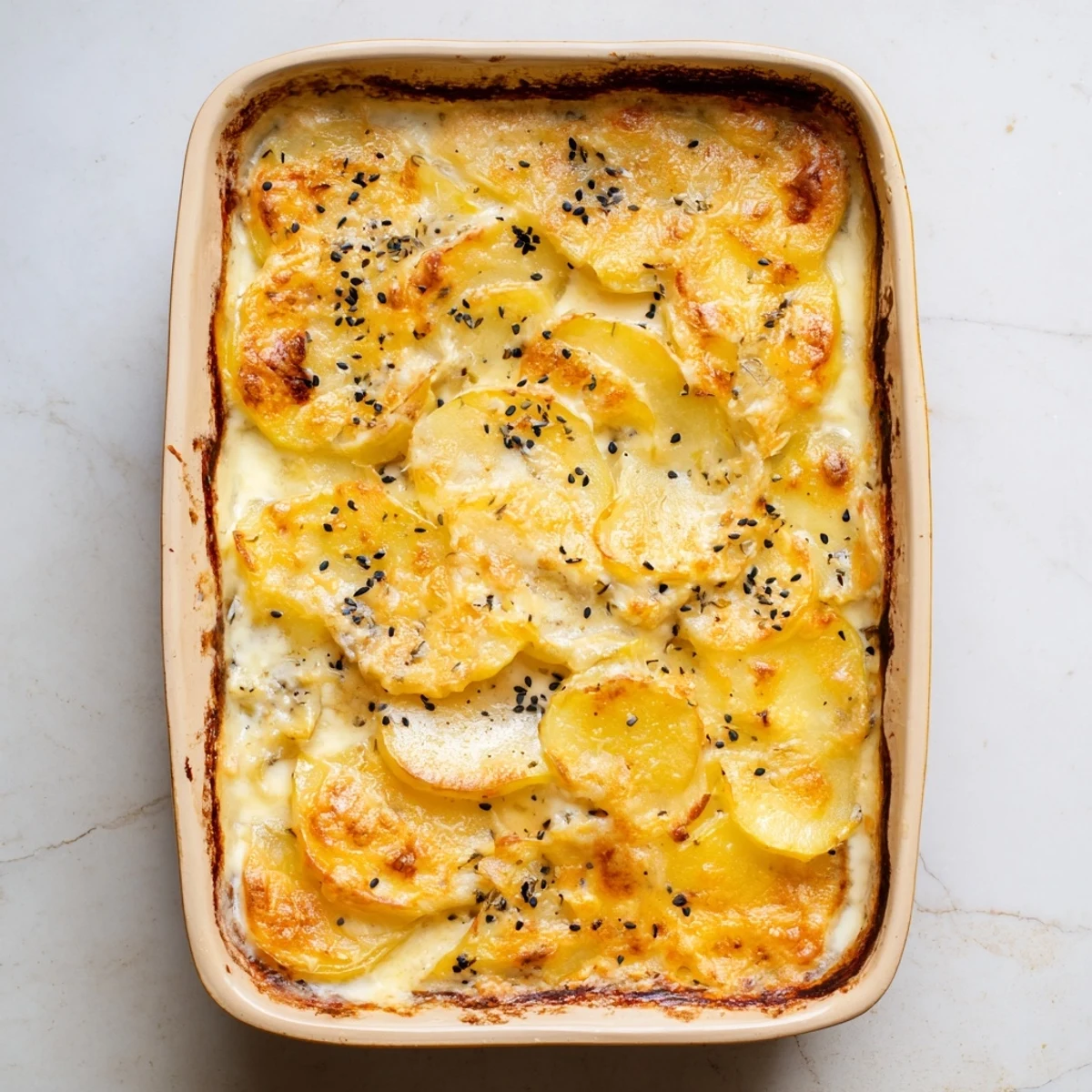 Savory nigella seed potato gratin with rich cream sauce and bubbling Gruyère topping