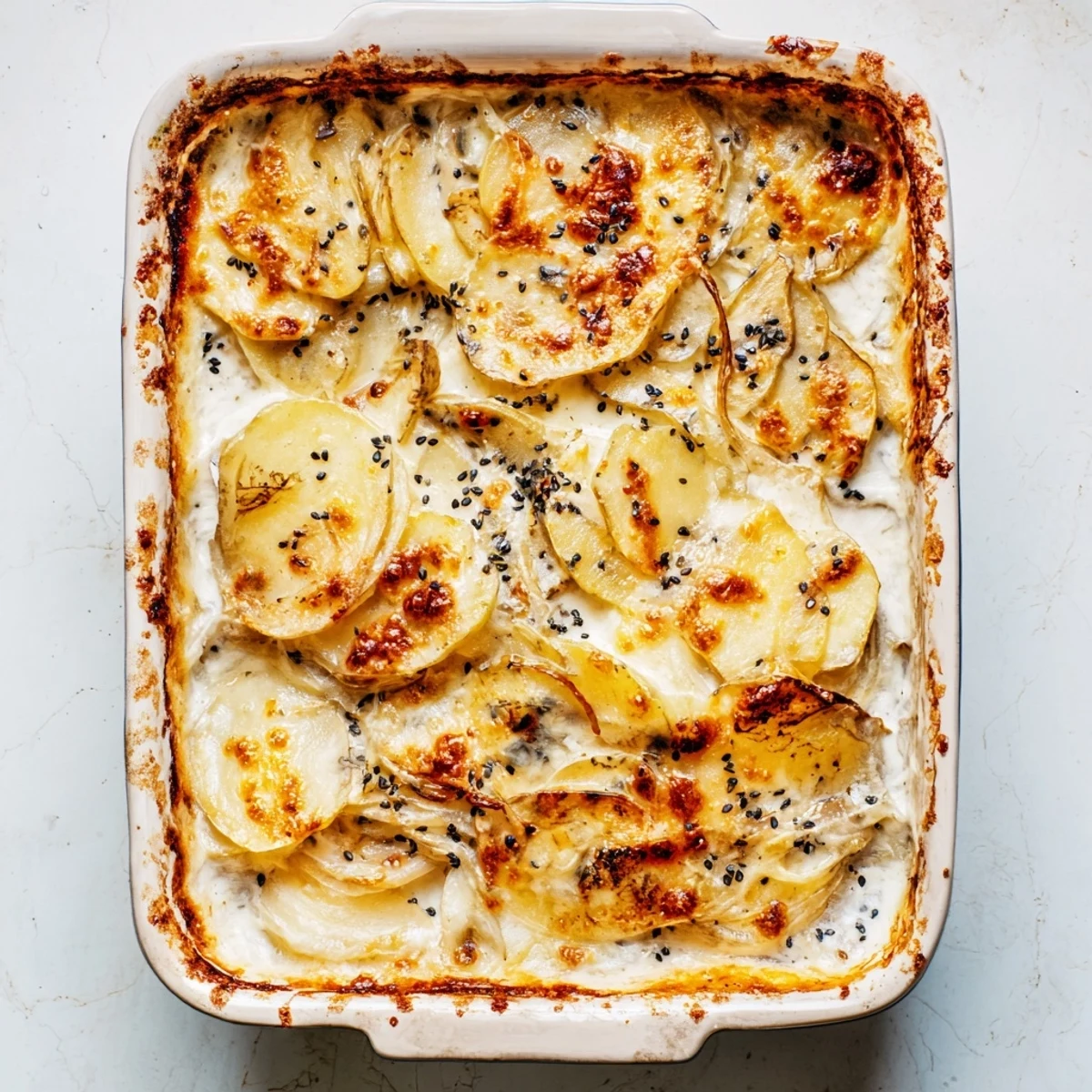 Creamy potato layers baked with garlic and nutmeg topped with golden cheese crust