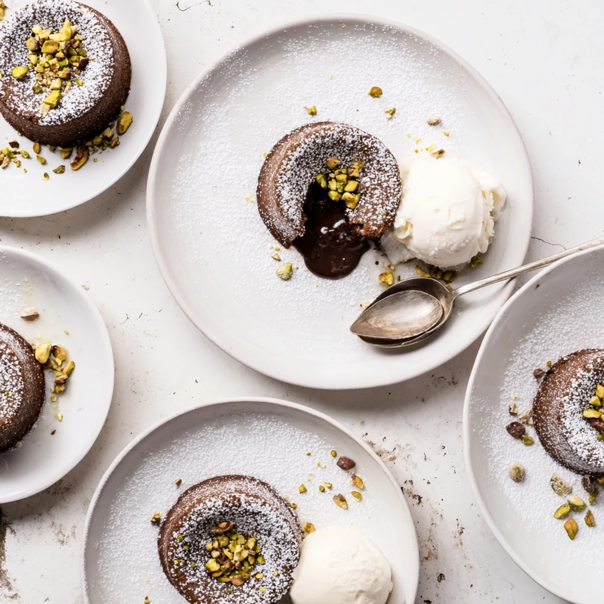 Rich pistachio chocolate lava cakes with molten centers flowing onto white plates
