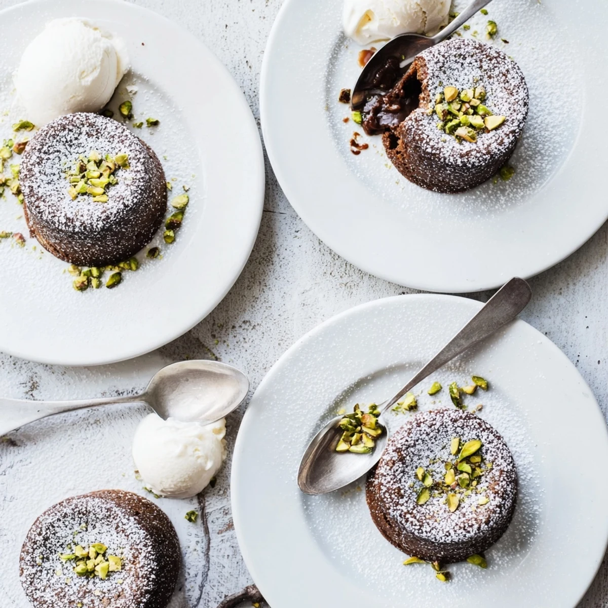 Warm individual lava cakes featuring molten pistachio chocolate core dusted with powdered sugar