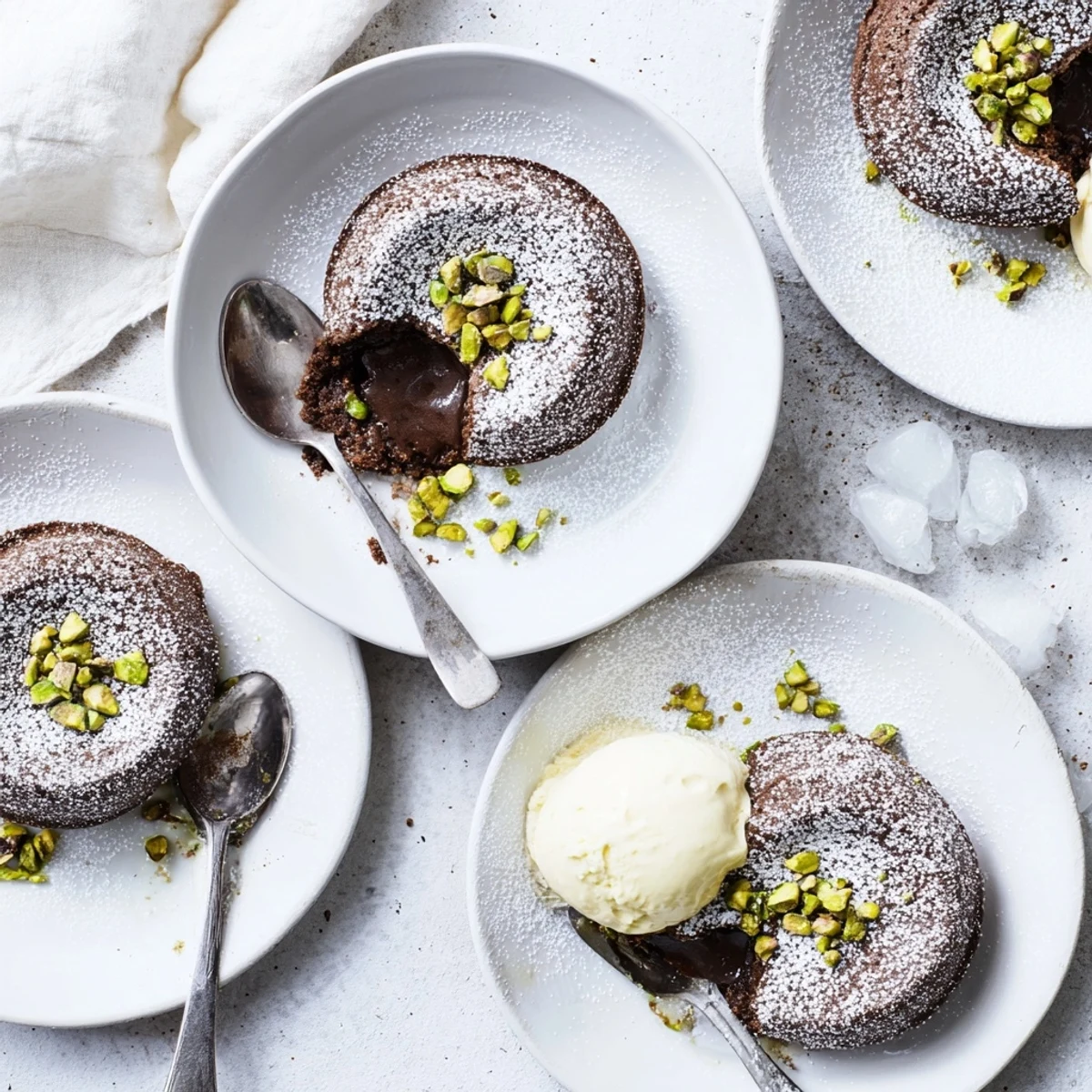Decadent chocolate pistachio dessert with gooey middle and chopped nut garnish