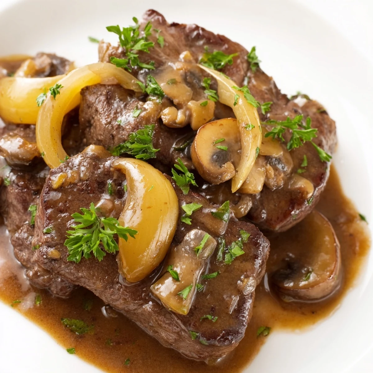 Tender smothered cube steak drizzled with savory brown gravy over mashed potatoes.