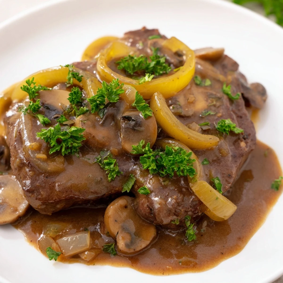 Southern style cube steak simmering with sliced mushrooms and onions in skillet.