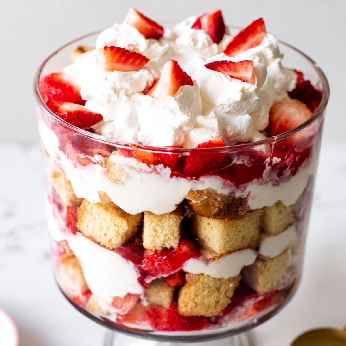 Golden strawberry shortcake trifle layered with fresh berries and fluffy whipped cream in clear glass