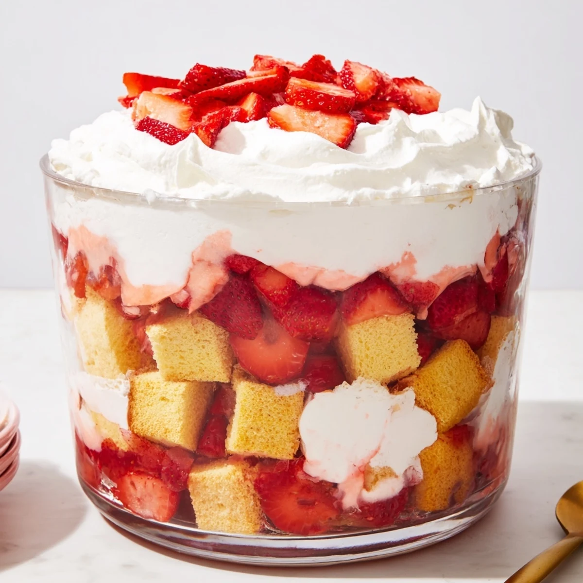 Individual strawberry shortcake trifle desserts showing cubes of tender cake with ruby red strawberry slices