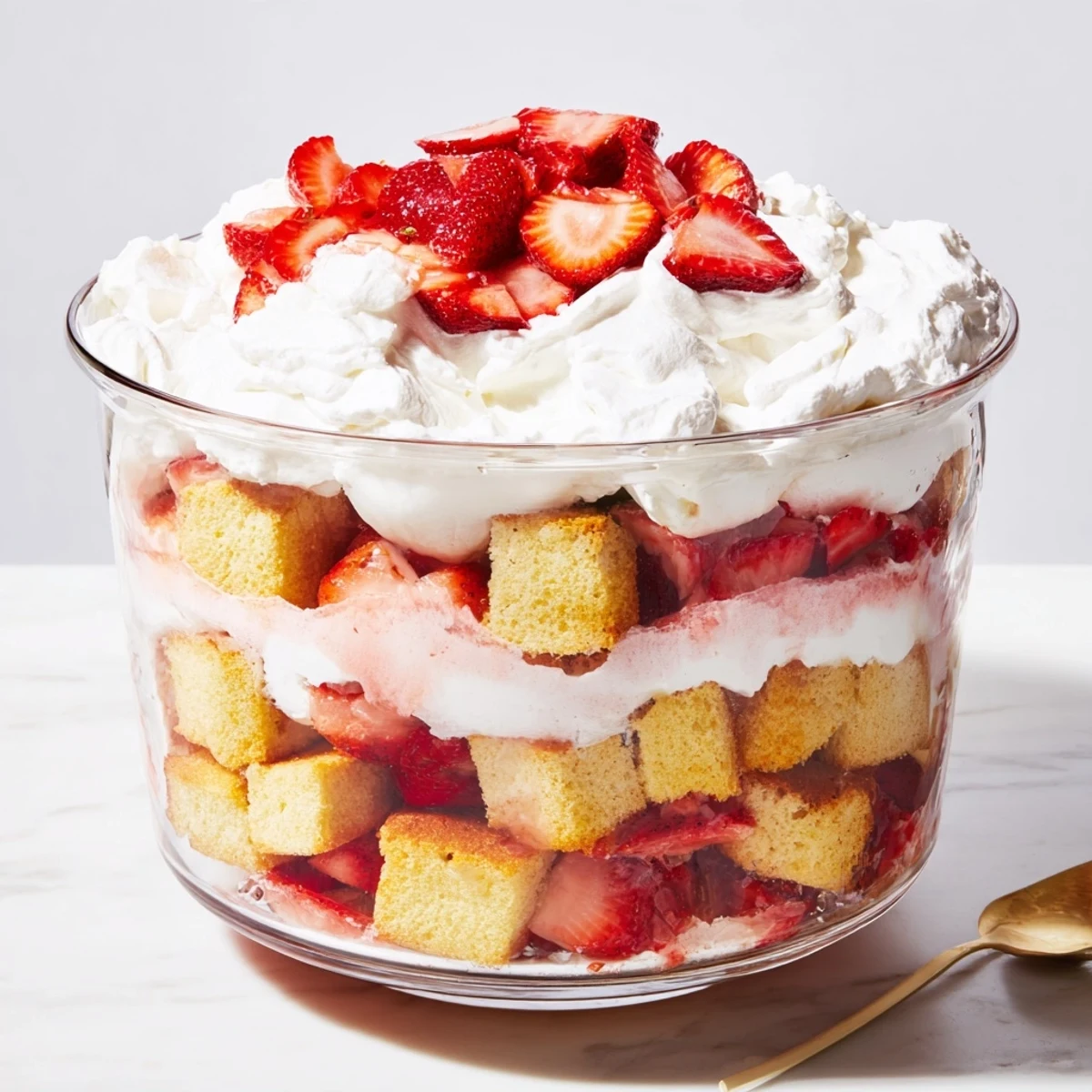 Layered strawberry shortcake trifle featuring sweet macerated berries and vanilla cream in elegant serving glasses