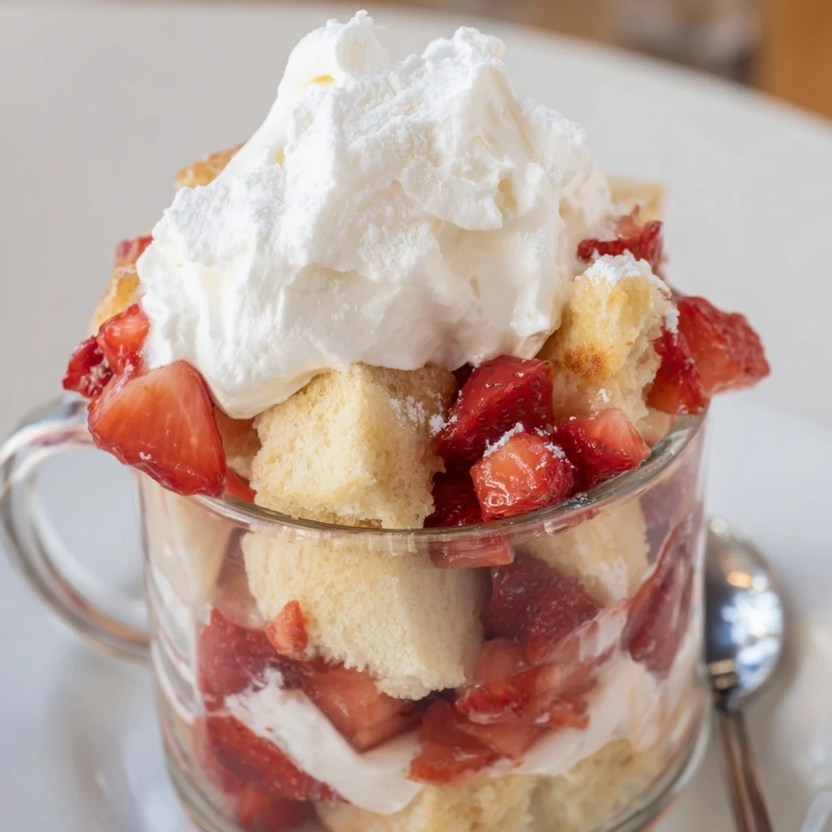 Strawberry Shortcake Trifles layered in glasses with juicy strawberries and whipped cream