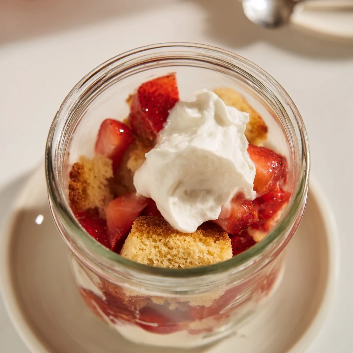 Individual Strawberry Shortcake Trifles showing golden shortcake pieces, macerated berries, cloudlike cream