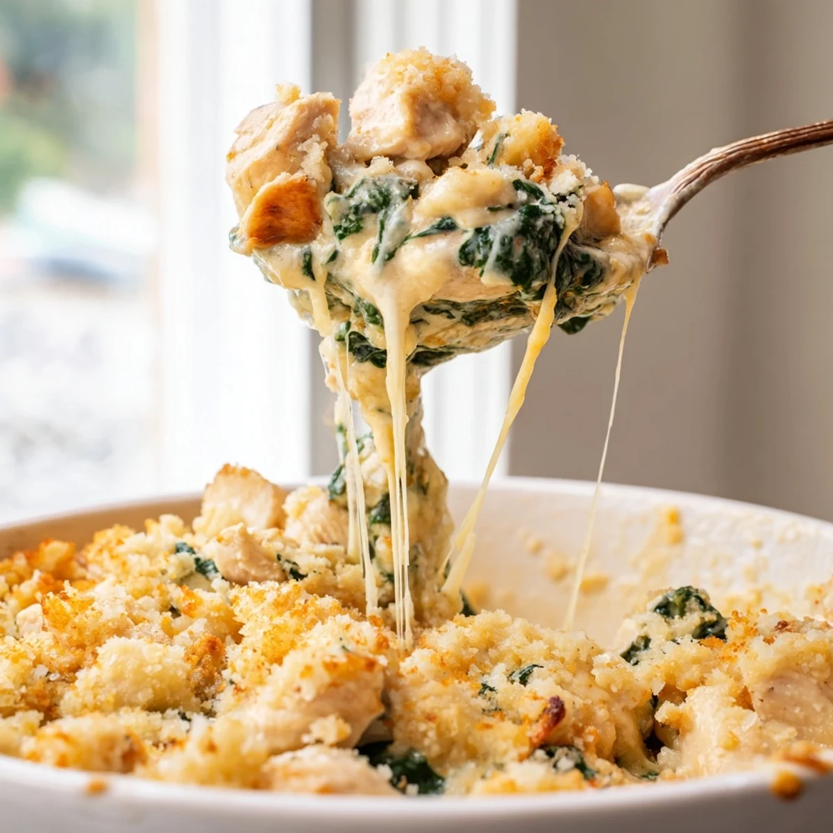 Golden bubbling creamy chicken spinach casserole fresh from the oven with melted cheese topping