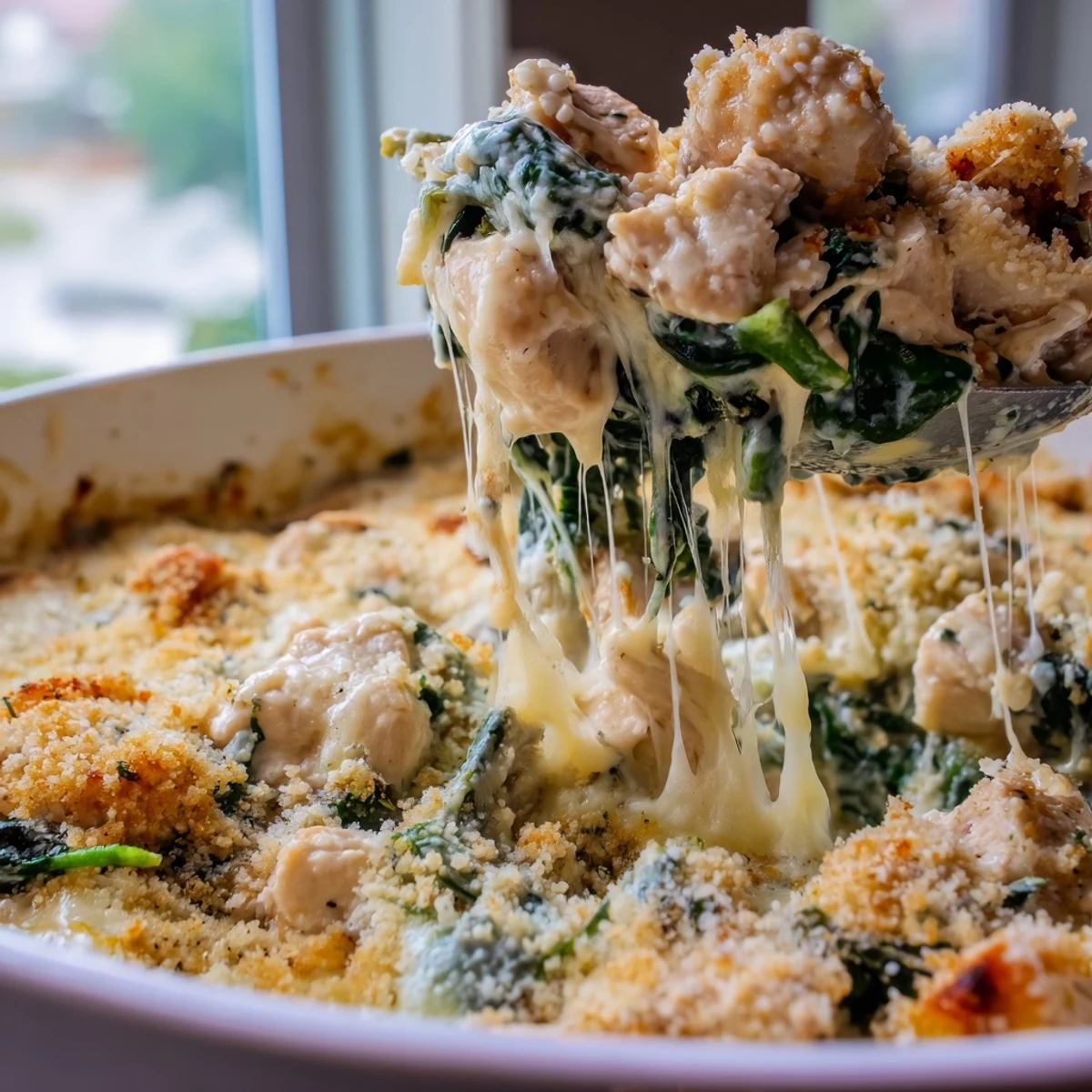 Creamy chicken spinach casserole in a rustic baking dish with gooey mozzarella and Parmesan crust