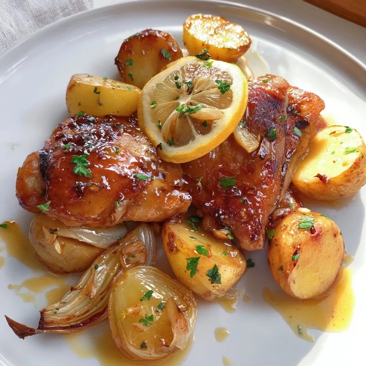 Golden baked honey lemon chicken and potatoes glistening with sticky sweet sauce