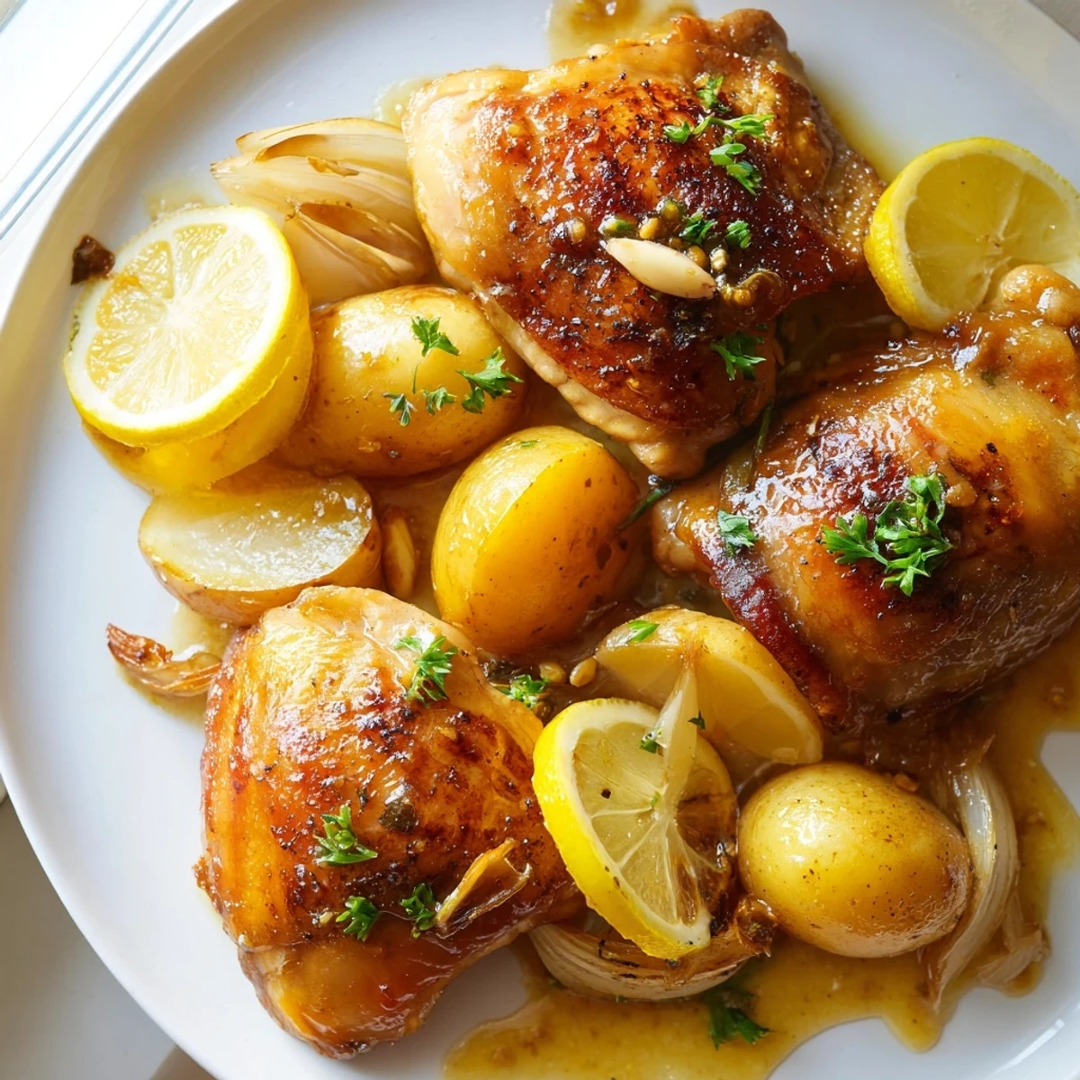 Crispy-skinned baked honey lemon chicken and potatoes roasted with fresh thyme