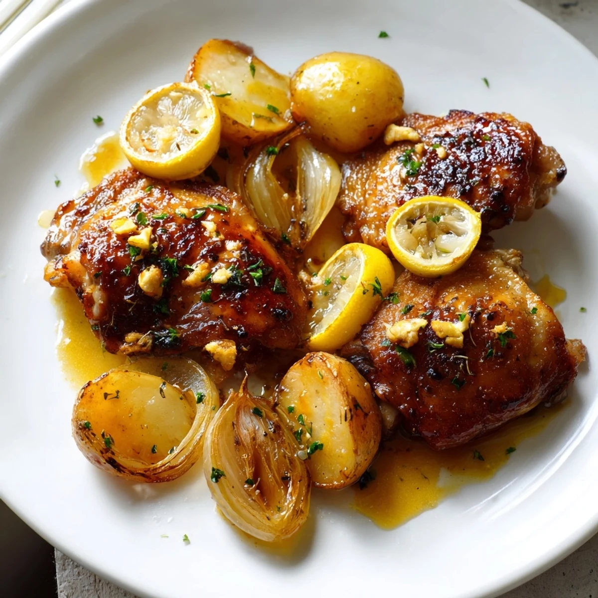 Juicy baked honey lemon chicken and potatoes drizzled in tangy pan sauce