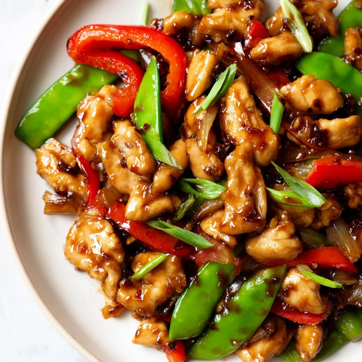 Golden stir fried Chinese garlic chicken with crisp bell peppers and snow peas