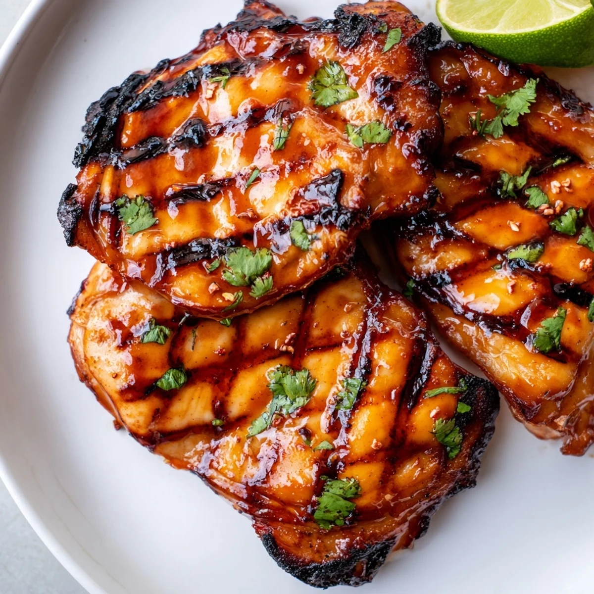 Caramelized Sweet N Spicy Grilled Chicken Thighs with charred grill marks on a rustic platter