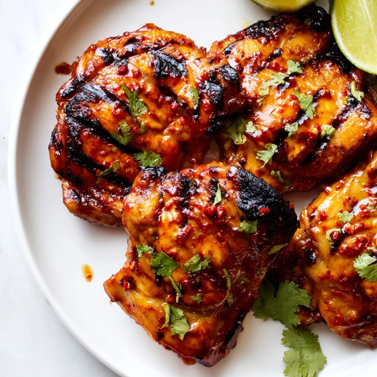 Juicy Sweet N Spicy Grilled Chicken Thighs garnished with fresh cilantro and bright lime wedges