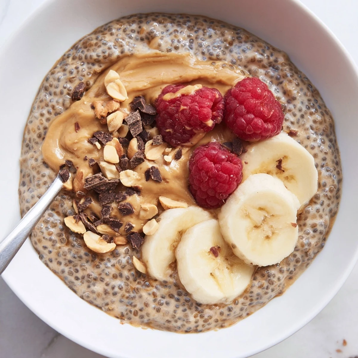 Creamy peanut butter chia pudding topped with sliced banana and roasted peanuts