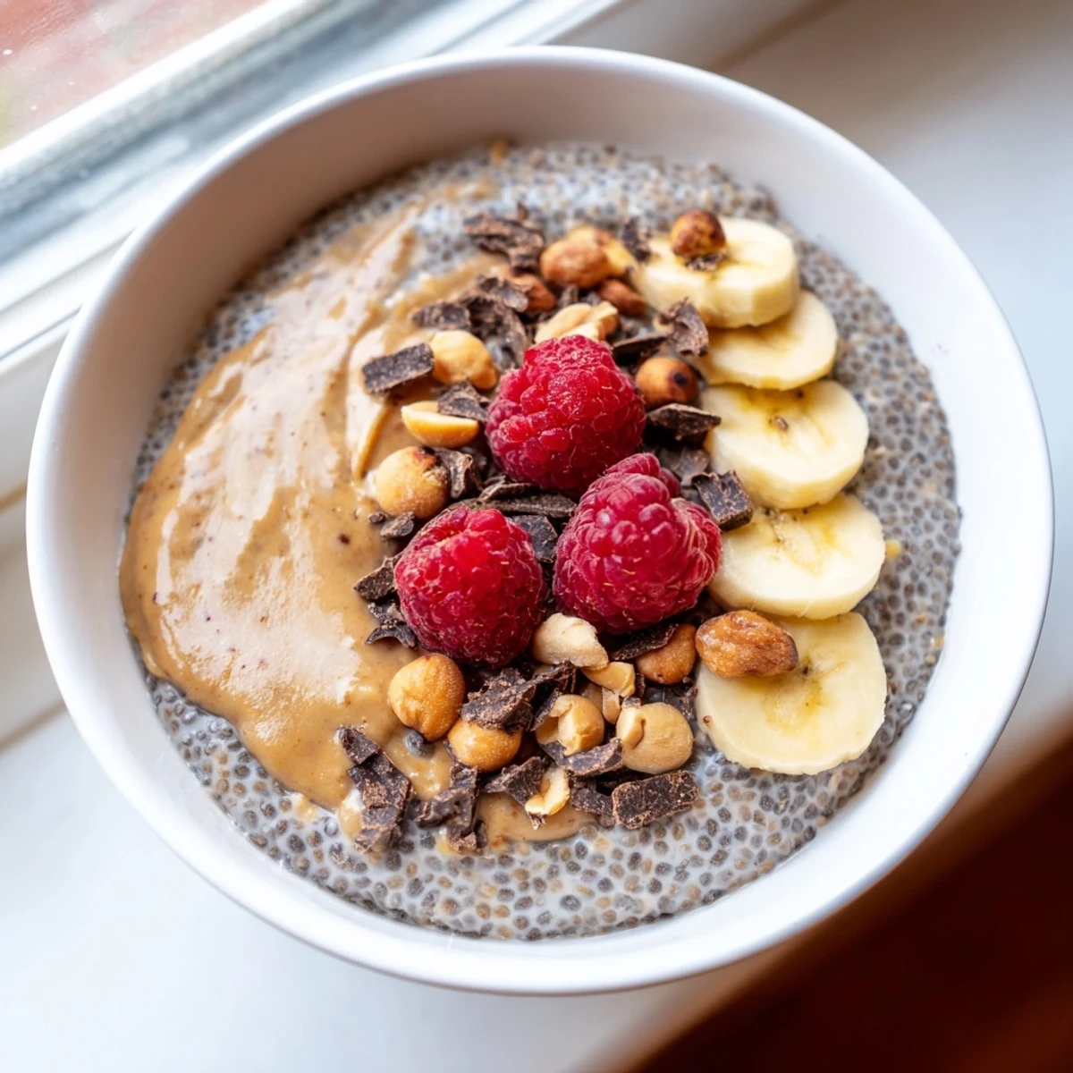 Rich and velvety peanut butter chia pudding garnished with dark chocolate shavings