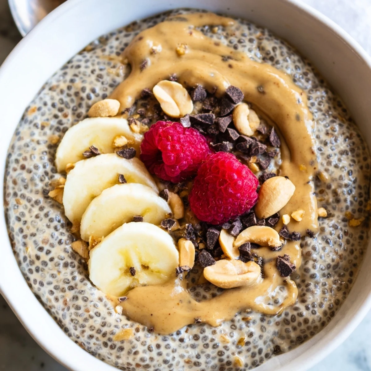Thick peanut butter chia pudding served in glass jars with fresh berries