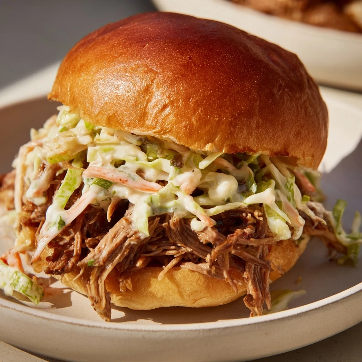 Tangy Alabama white sauce pulled lamb sliders topped with crunchy slaw on toasted buns