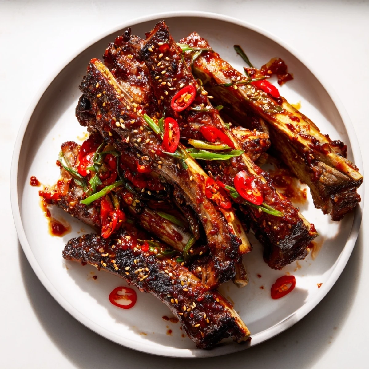 Glistening Korean BBQ lamb ribs with charred edges and a bright yuzu squeeze