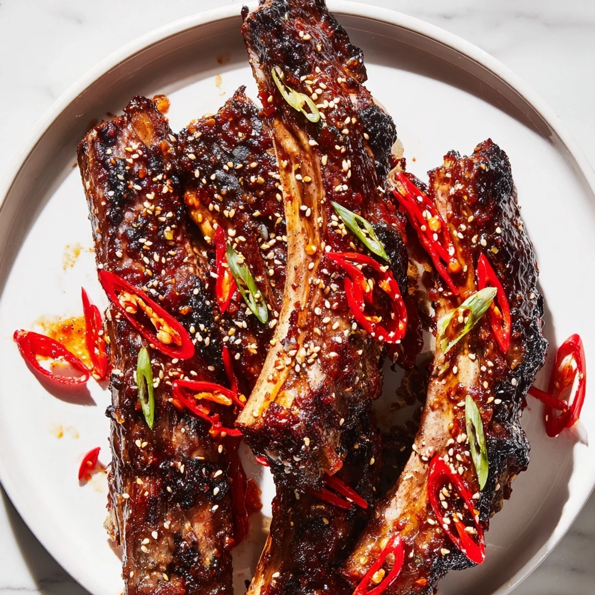 Caramelized Korean BBQ lamb ribs topped with scallions and fresh yuzu citrus