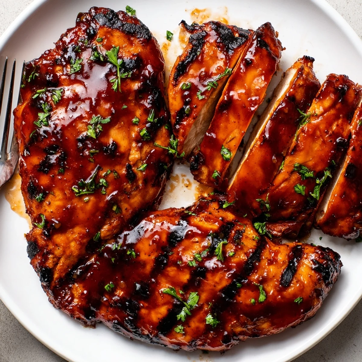 Juicy Coca Cola glazed chicken breast sliced open revealing tender meat with glistening sweet glaze