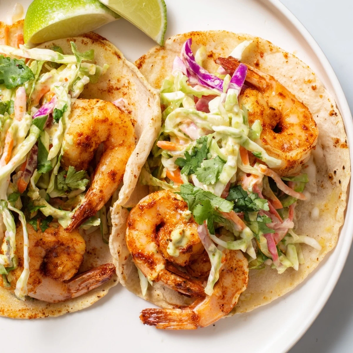 Spicy shrimp tacos with vibrant garlic cilantro lime slaw on warm tortillas