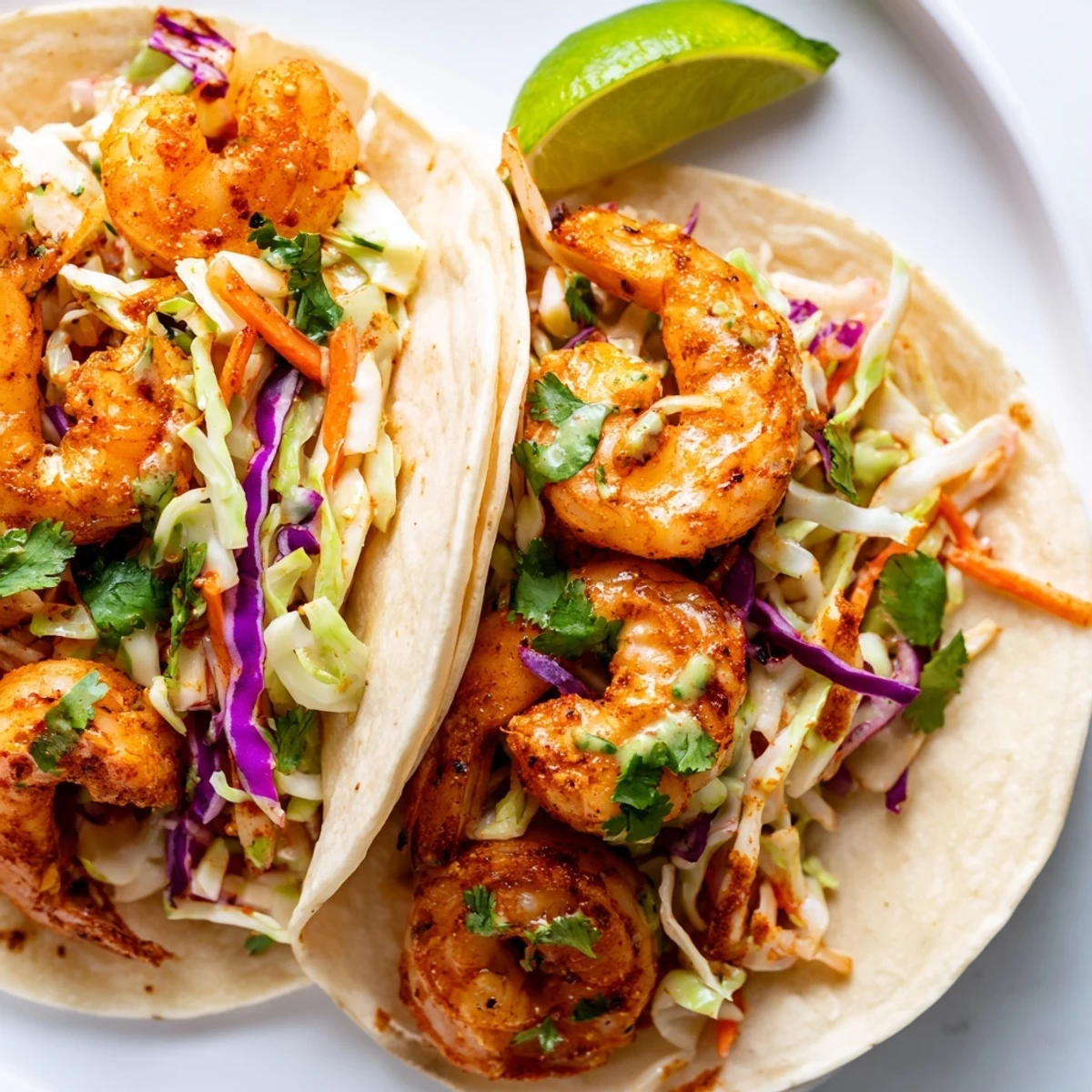 Crisp purple and green slaw topping golden spiced shrimp in soft corn tortillas