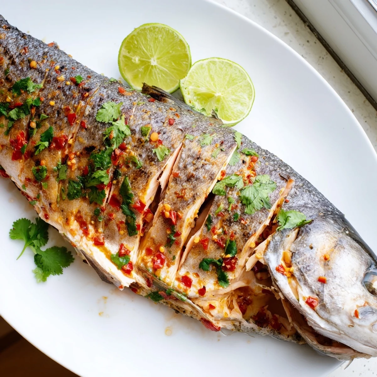 Golden chili lime baked trout garnished with fresh cilantro and lime wedges on a rustic platter.