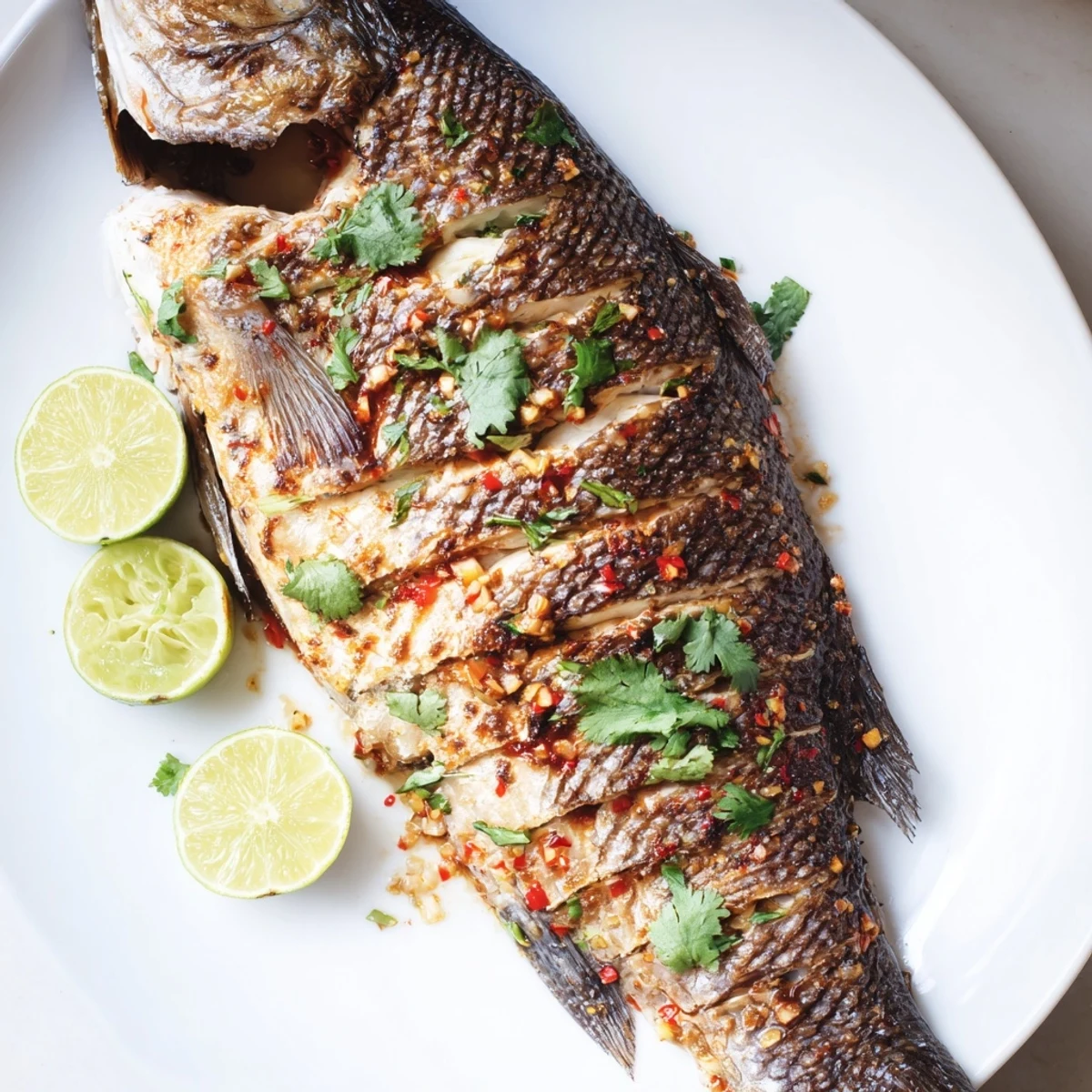 Juicy chili lime baked trout with crispy skin, served alongside roasted potatoes and bright wedges.