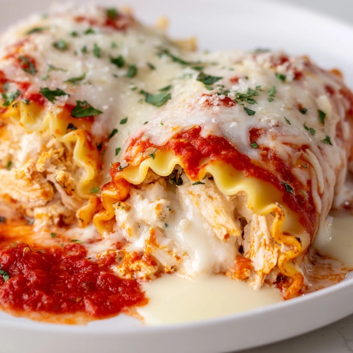 Golden baked Garlic Parmesan Chicken Lasagna Roll Ups smothered in creamy cheese sauce