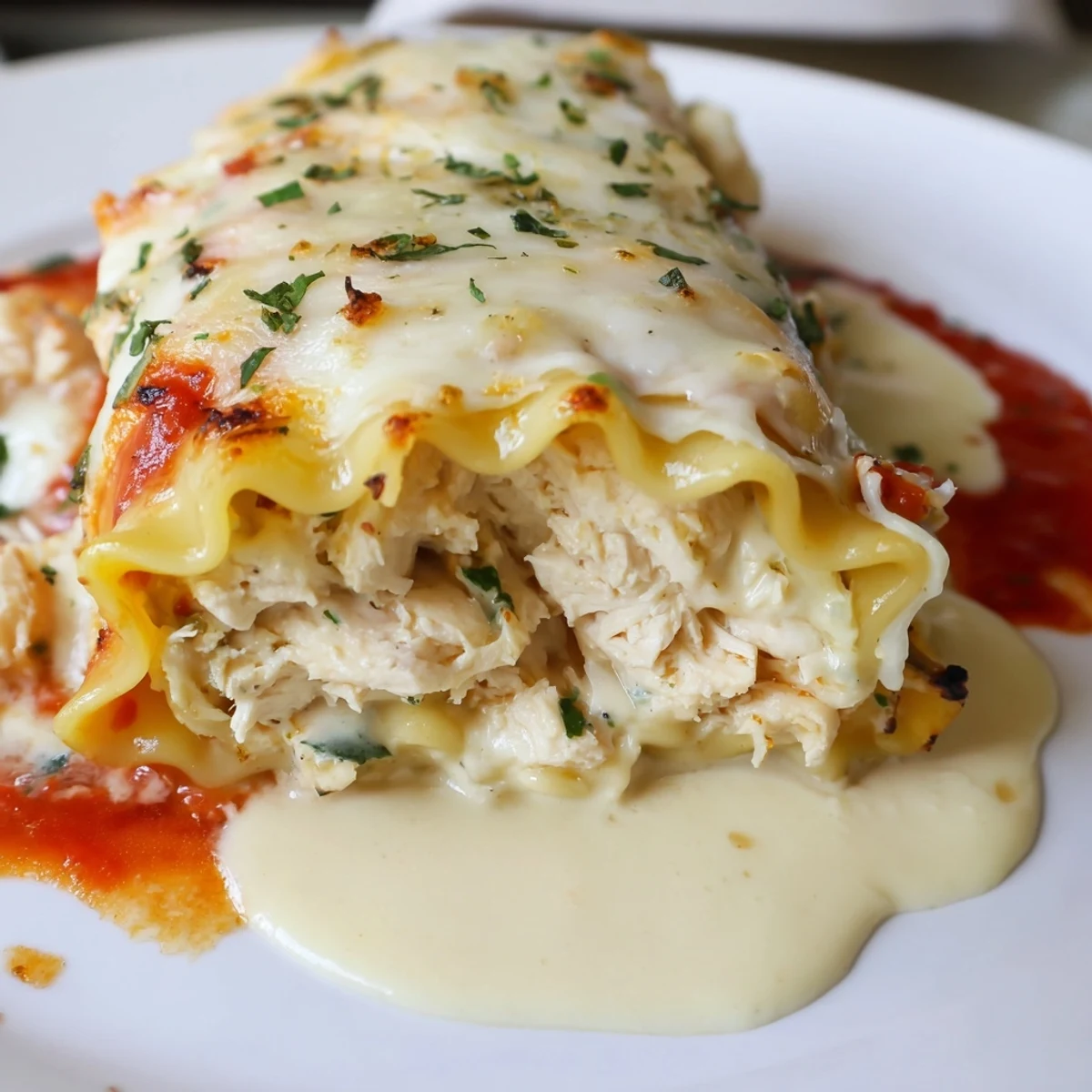Garlic Parmesan Chicken Lasagna Roll Ups topped with bubbly melted mozzarella and marinara