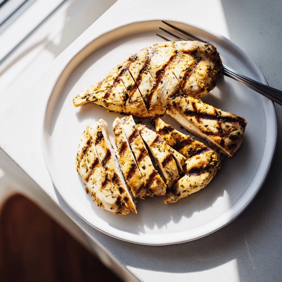Golden grilled chicken breast with smoky paprika mayo marinade on a rustic plate