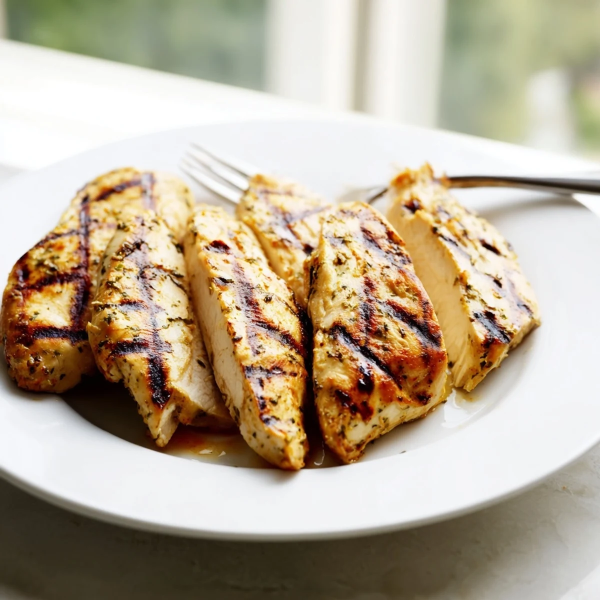 Sliced mayo marinated grilled chicken nestled beside roasted vegetables and fresh herbs