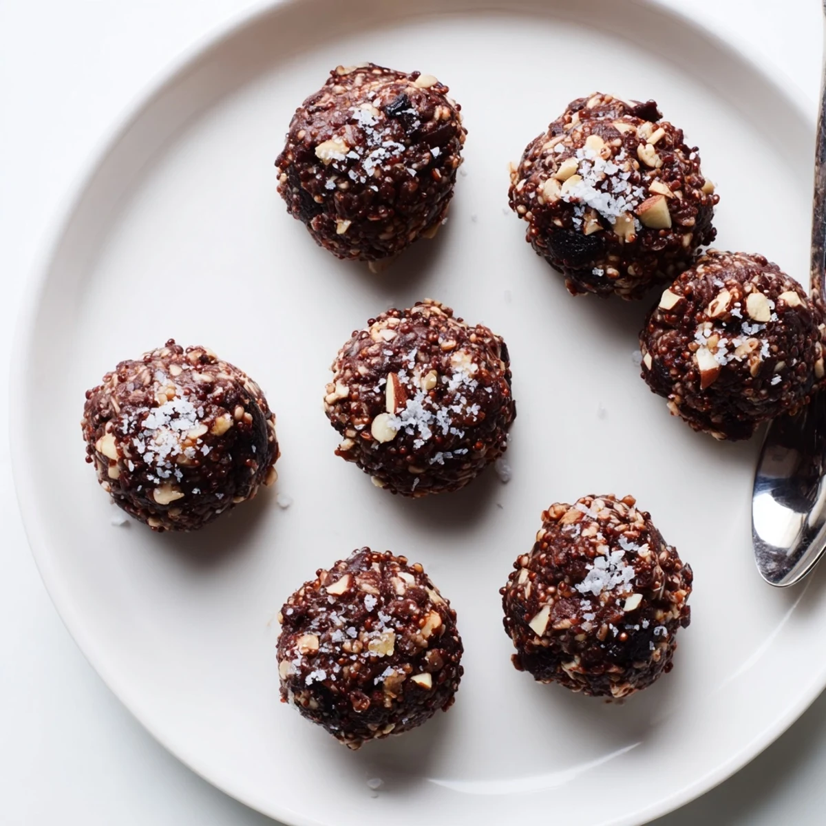 Chocolate Quinoa Crunch Bites topped with sea salt on a rustic parchment-lined baking sheet